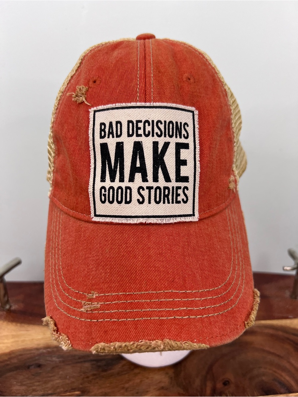 Headmost Bad Decisions Make Good Stories Orange Distressed Trucker Hat Cap OS